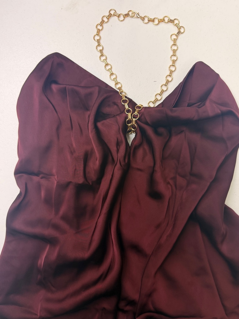 ASOS Design Burgundy Satin Gold Chain Halter Top Size M